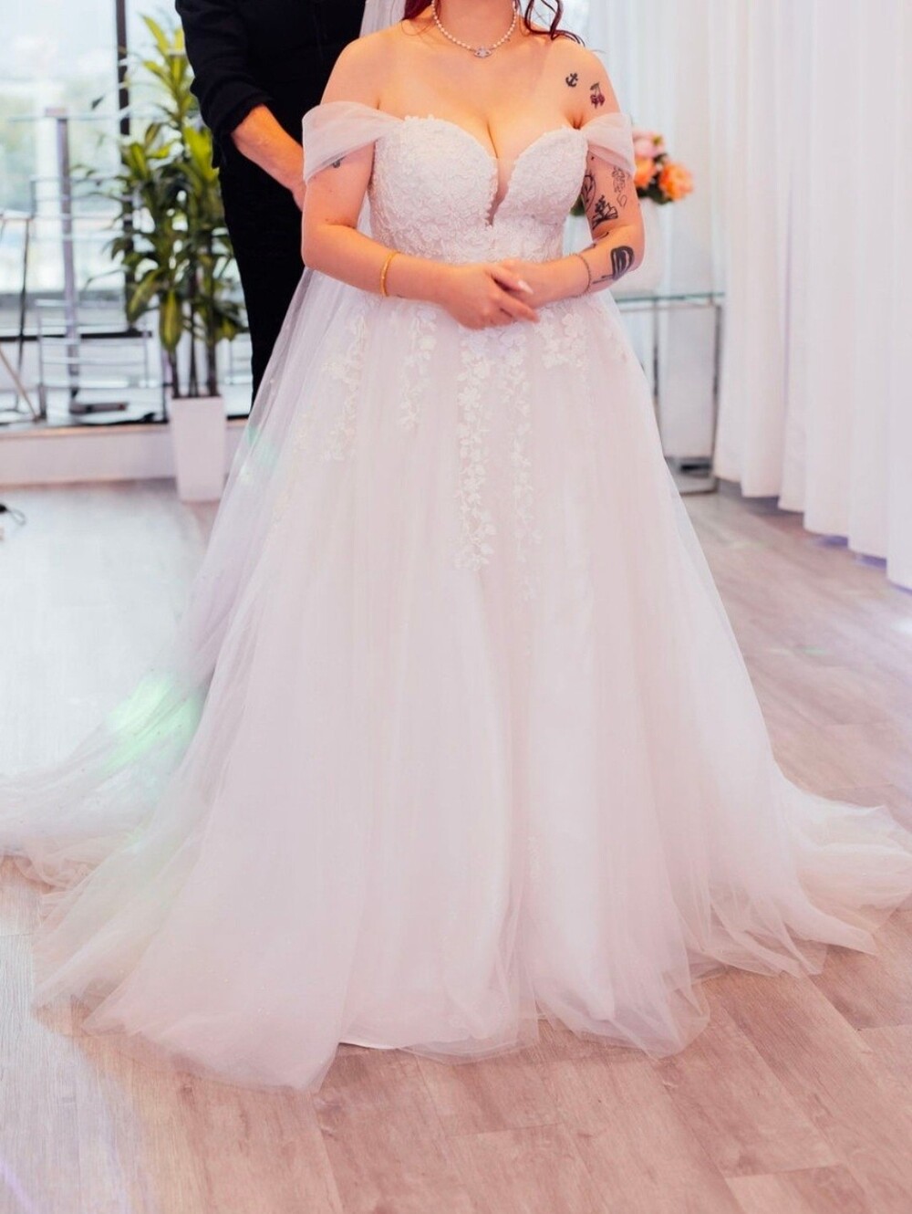 A-line V Neck Lace Applique Glittery Wedding Dress